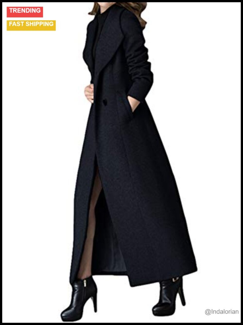 Women's Long Wool Blend Trench Coat Double Breasted Winter Jacket